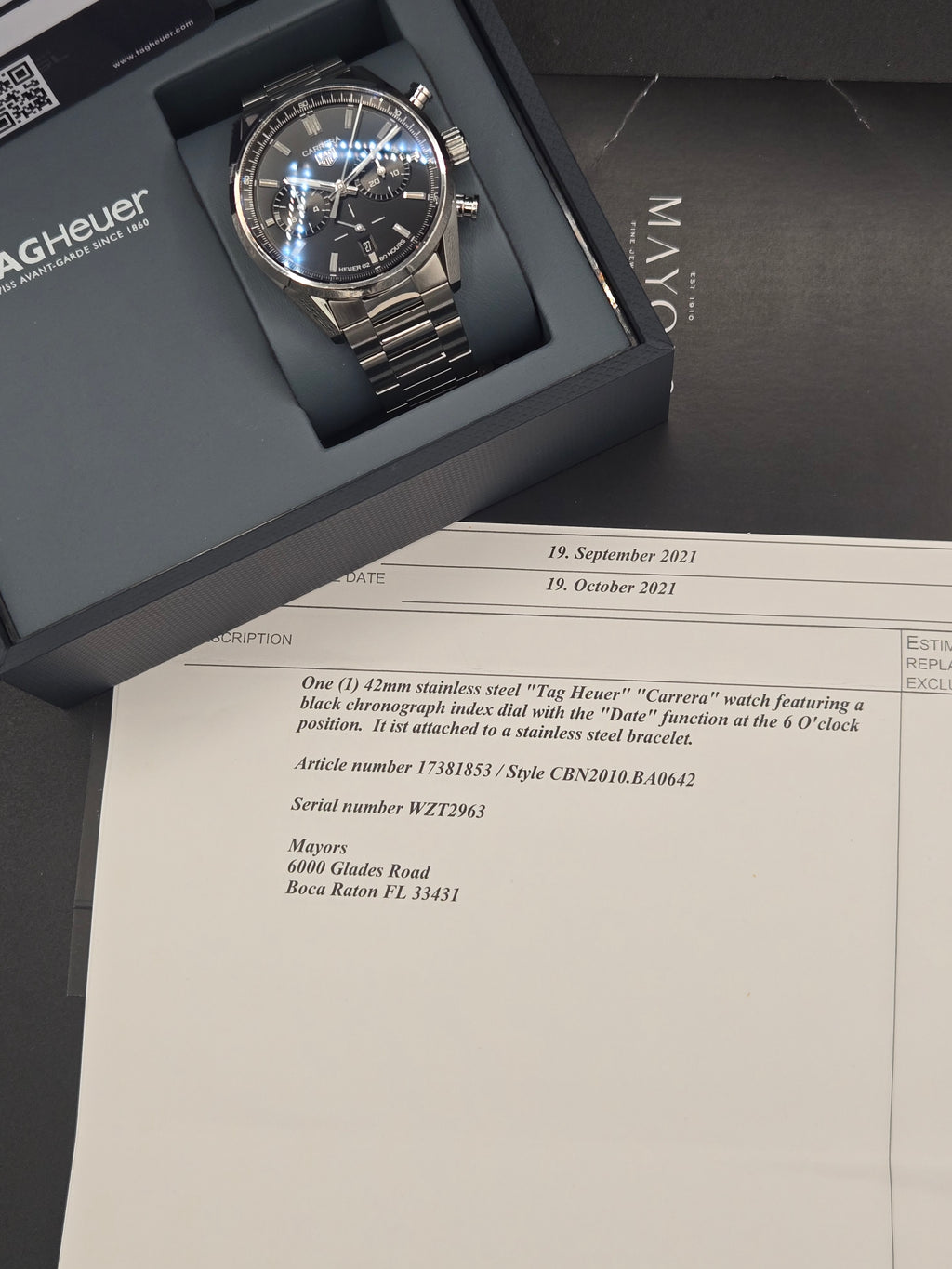 TAG Heuer Carrera Chronograph 42mm Black Dial Heuer 02 Full Set (Ref: CBN2010.BA0642)