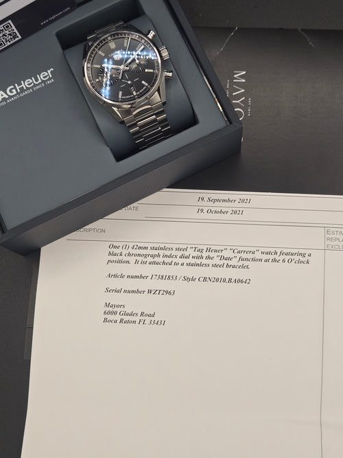 TAG Heuer Carrera Chronograph 42mm Black Dial Heuer 02 Full Set (Ref: CBN2010.BA0642)