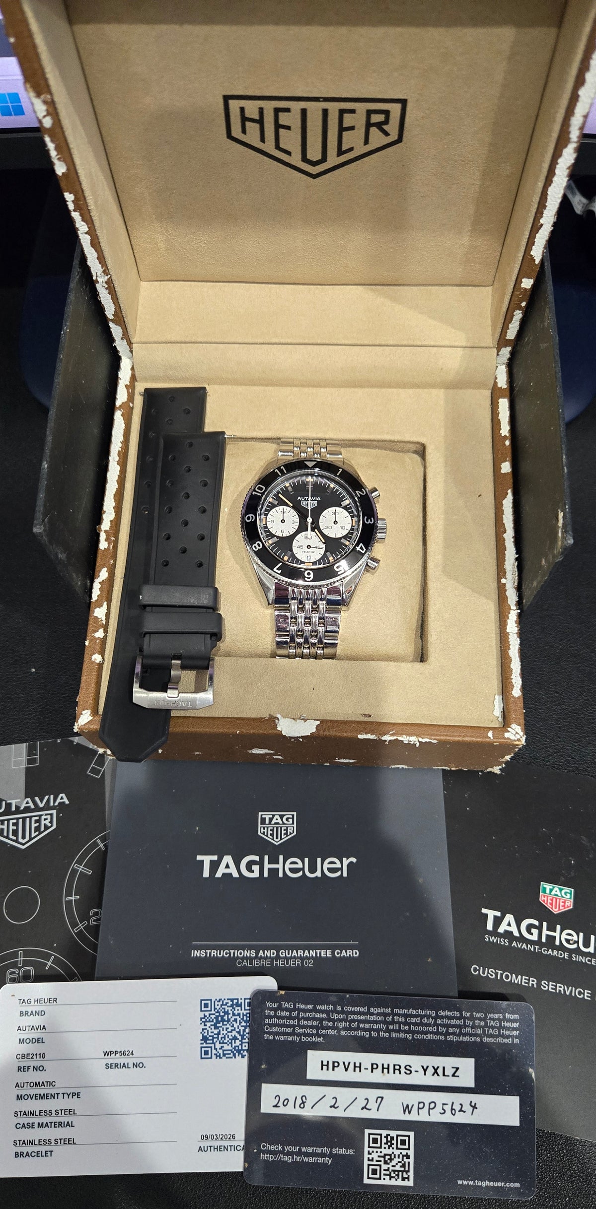 TAG Heuer Heritage Autavia Calibre Heuer 02 42mm CBE2110.BA0687 (2018 Full Set + Extra OEM Black Rubber Strap)
